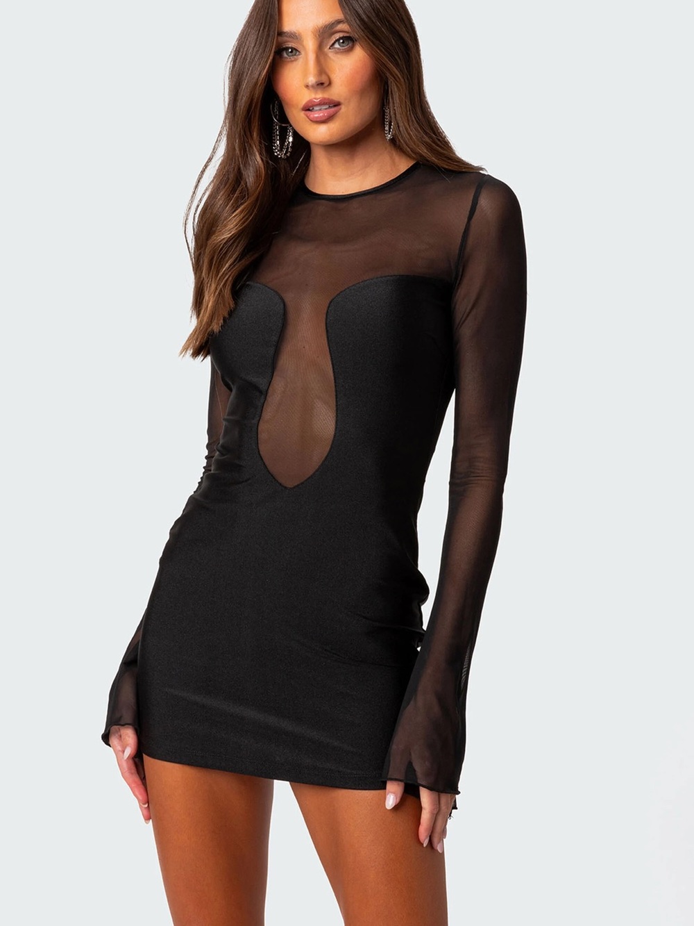 NWT Edikted Saanvi Long Sleeve Mesh Mini Dress Black‎ Womens Size XS